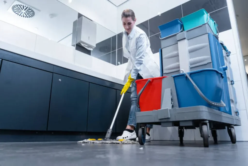 woman mopping floor commercial kitchen