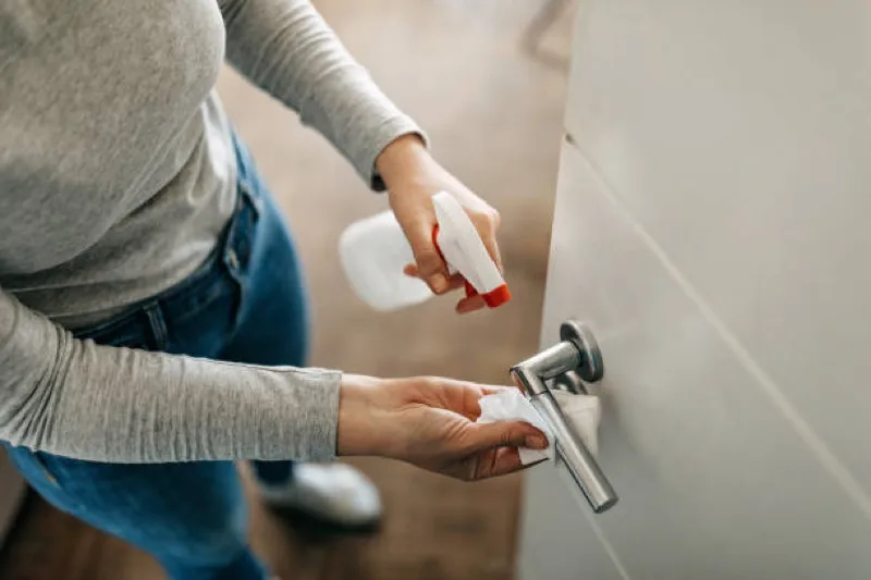cleaning school doorknob to prevent flu germ spread
