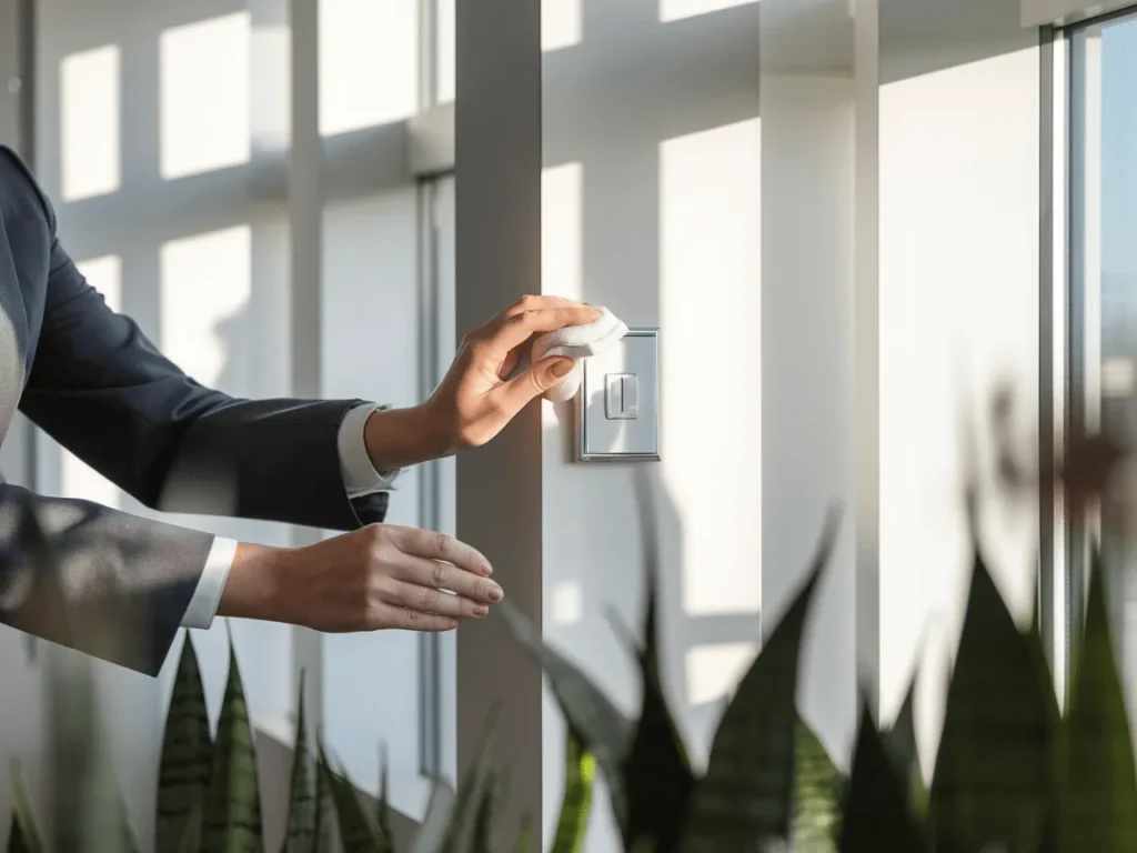 employee cleaning light switch at office