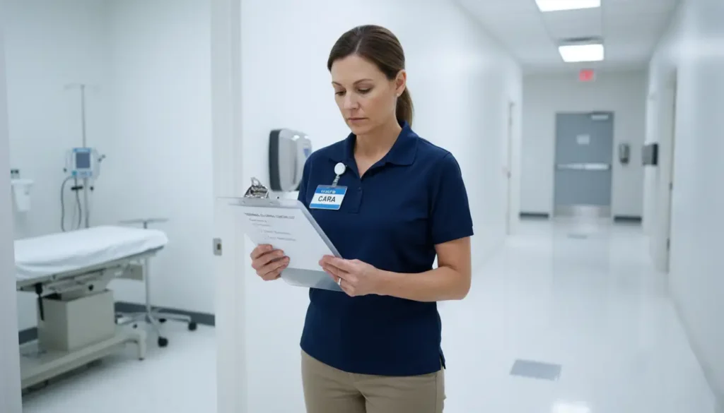 healthcare worker reviewing checklist in hospital hallway