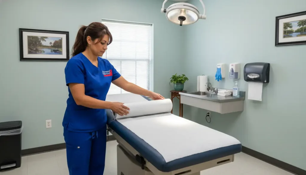 medical professional preparing exam table