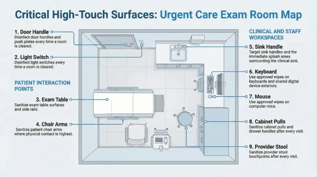 urgent care exam room high touch surfaces map