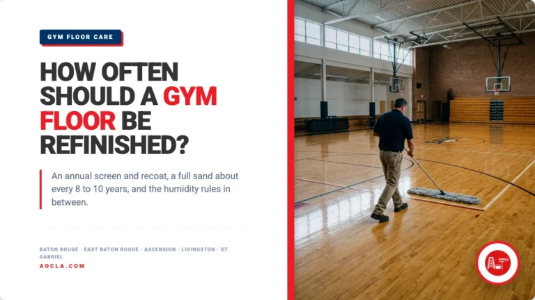 How often should a gym floor be refinished: custodian dust mopping a maple gym floor