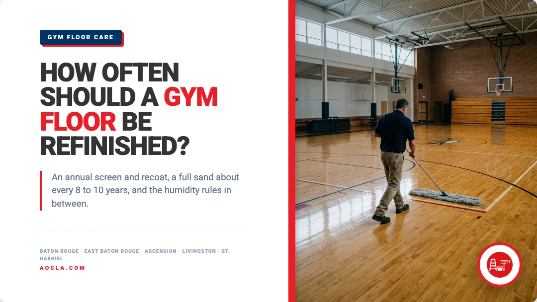 How often should a gym floor be refinished: custodian dust mopping a maple gym floor